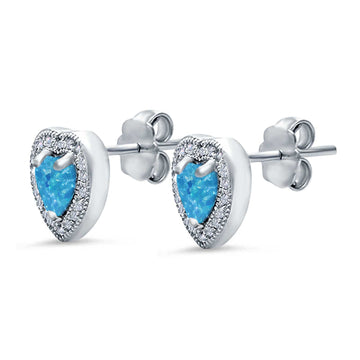 Halo Heart Engagement Lab Created Blue Opal Earrings 925 Sterling Silver